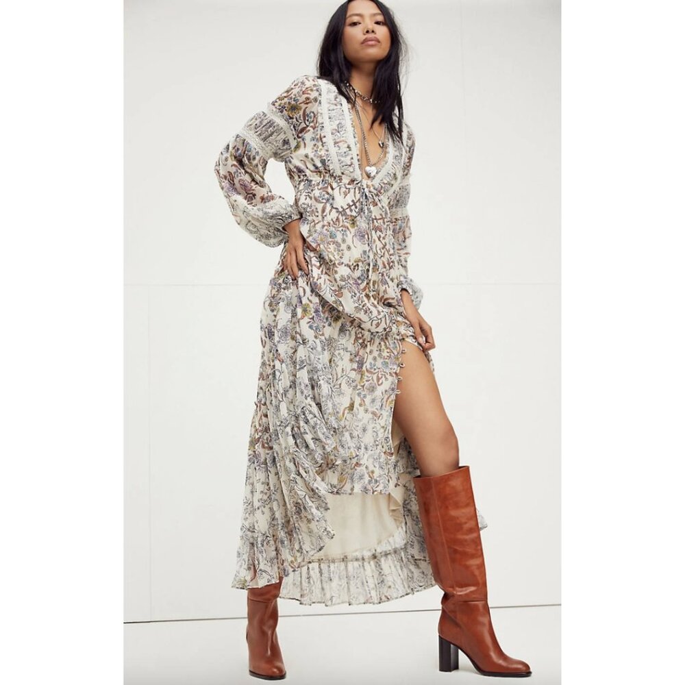 NWT Free People White Floral Cassis Printed Chiffon Dress - Small